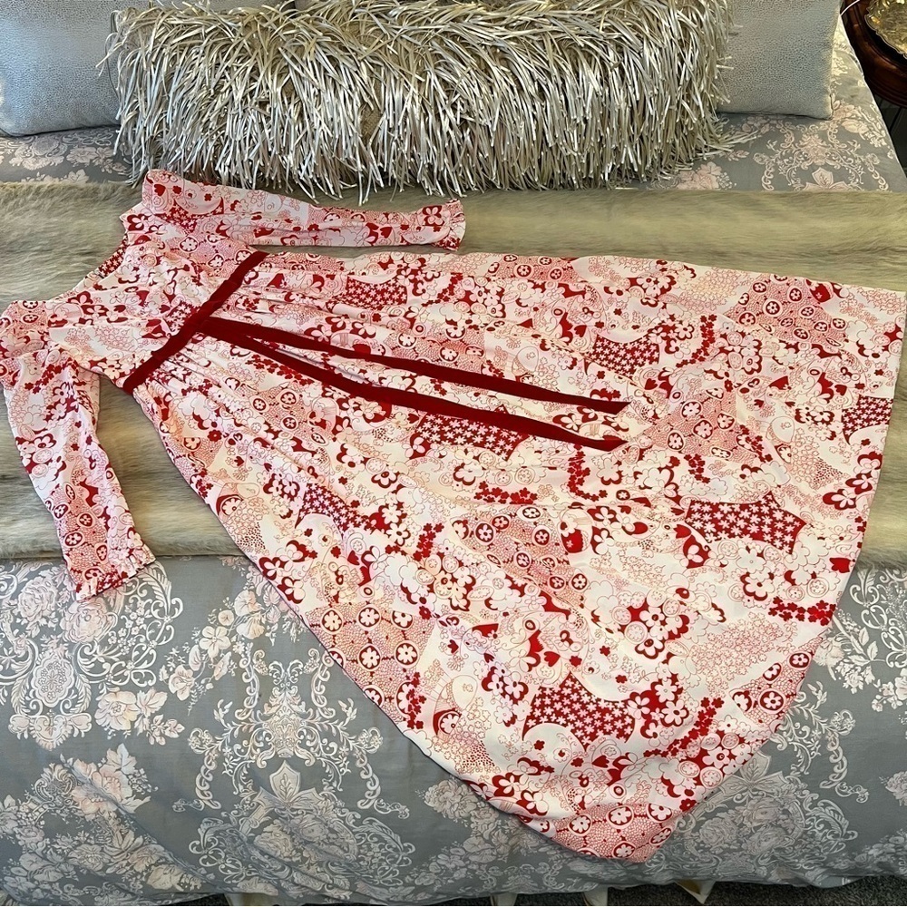 70’s Vintage BRADY BUNCH Party Dress S White Red Floral Puff Sleeves Maxi Dress